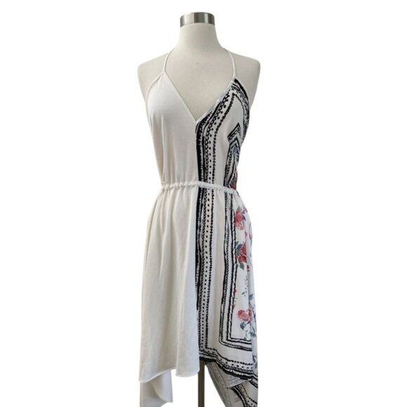 ZARA Combined Asymmetric Halter V-Neck Dress Rose Print Black/White/Red Sz S - Picture 6 of 10